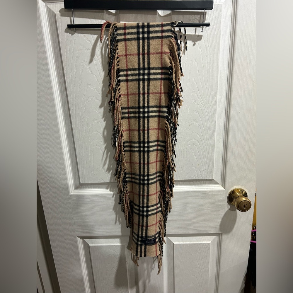 Burberry Beige and Black Plaid Scarf with Double Fringe